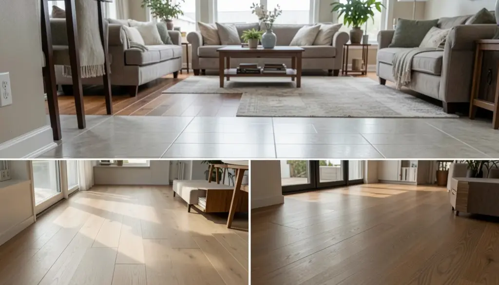 Home Flooring Upgrade Guide: Hardwood, Tile, Vinyl & Laminate Compared Comparison of hardwood, tile, vinyl plank, and laminate flooring in different rooms of a modern home interior