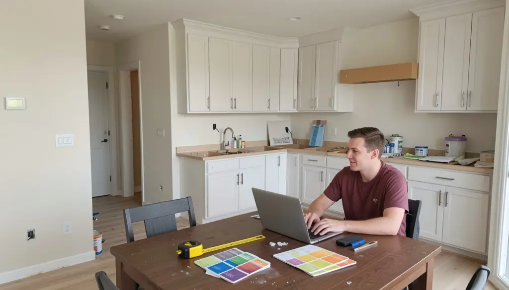 How to Set a Home Improvement Budget That Actually Works Homeowner planning a home renovation budget with laptop, calculator, and material samples in a partially remodeled kitchen