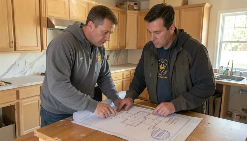 Homeowner reviewing building permit documents with contractor during home renovation planning