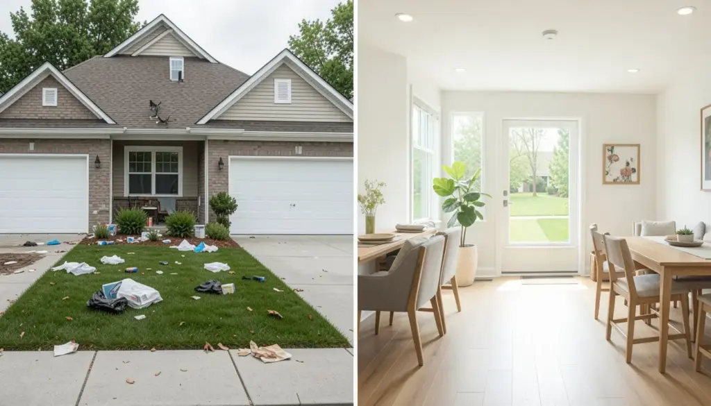 Home Improvement ROI: Best Renovations Before Selling Before and after home improvements showing increased curb appeal with fresh paint, modern fixtures, and clean landscaping to boost property value before selling