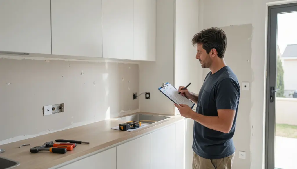 Homeowner performing final renovation walkthrough inspection using checklist in newly remodeled house interior