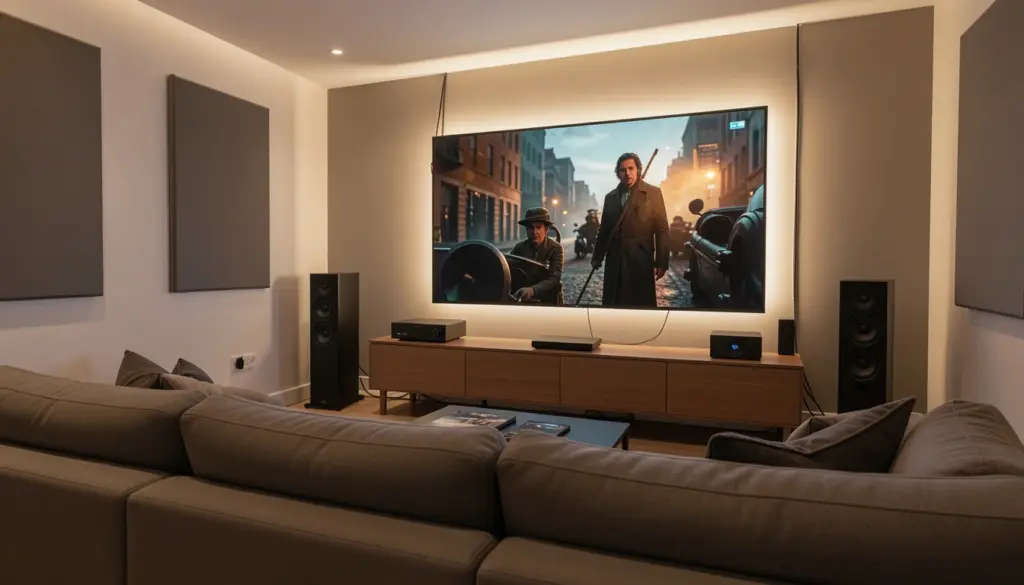 Modern home theater setup with large 4K TV, surround sound speakers, and ambient lighting in a stylish living room