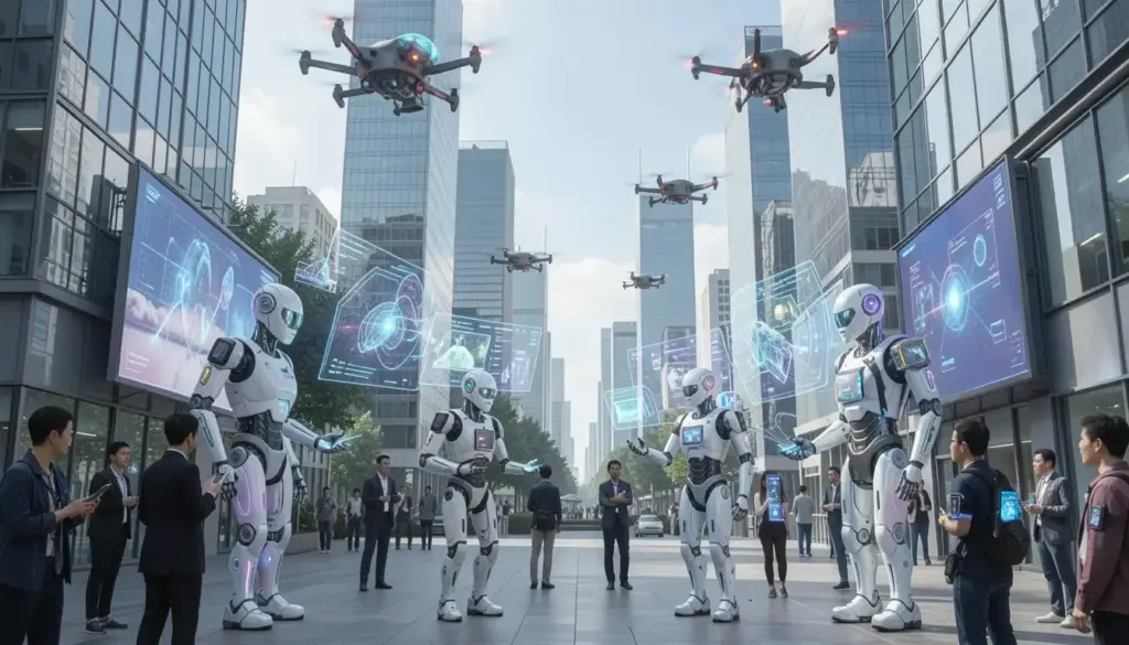 Futuristic city with AI robots, smart devices, VR headsets, and drones illustrating the impact of emerging technologies on society