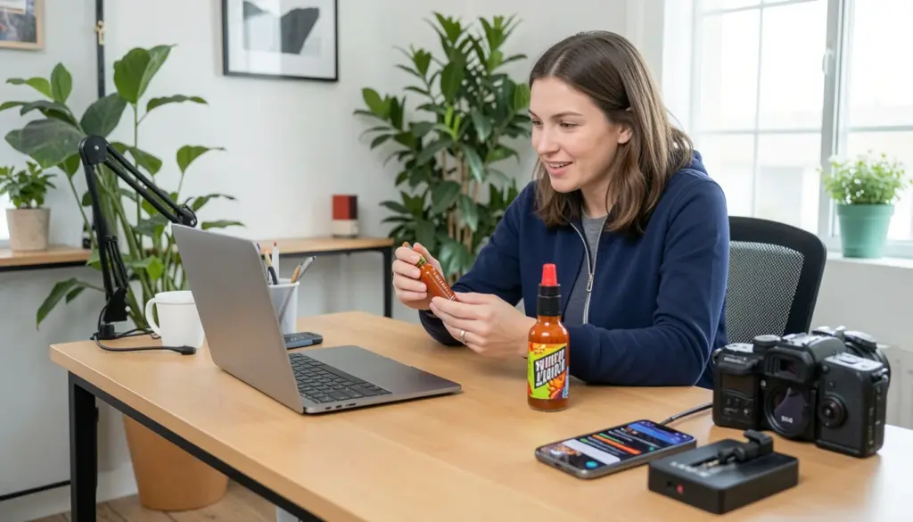 Influencer creating content at home with laptop and camera, showcasing a product review while social media engagement notifications appear on screen, demonstrating influencer impact on online trends.