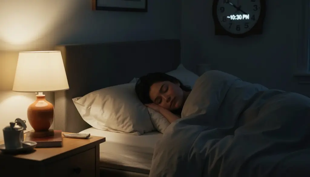 Adult sleeping peacefully in a calm bedroom at night representing healthy sleep habits and consistent sleep schedule