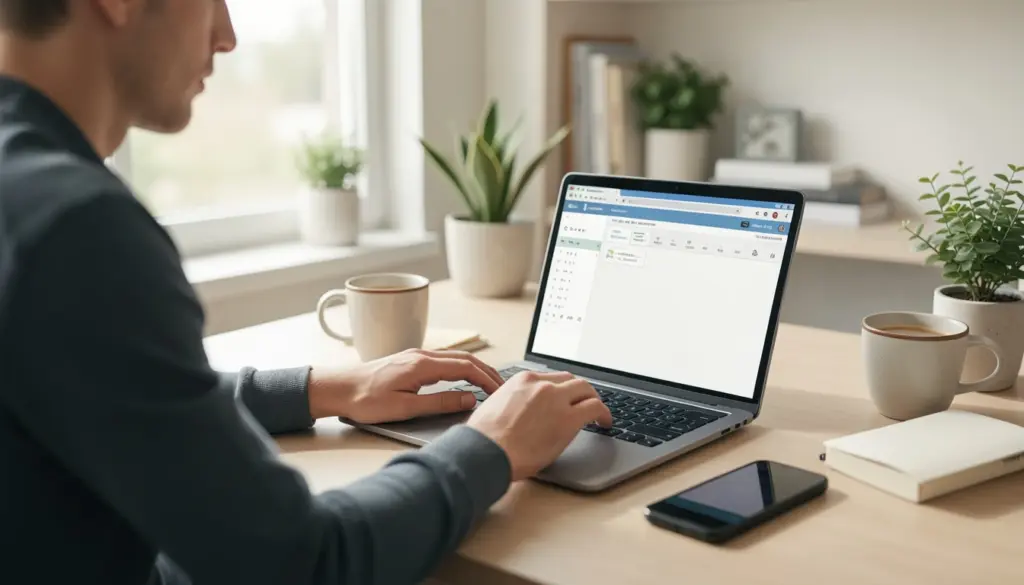 How to Build Healthy Online Habits That Last Professional working in a clean home office using a laptop with a focused, distraction-free digital routine setup