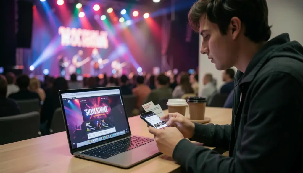 How to Buy Concert Tickets: Get Good Seats Without Overpaying Person buying concert tickets online using smartphone and laptop with seating chart and pricing options visible
