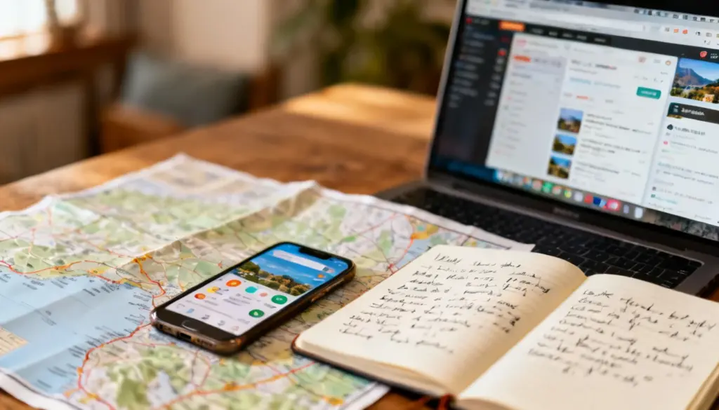 Person overwhelmed while planning travel on laptop with multiple destinations open, showing travel decision paralysis and trip planning process