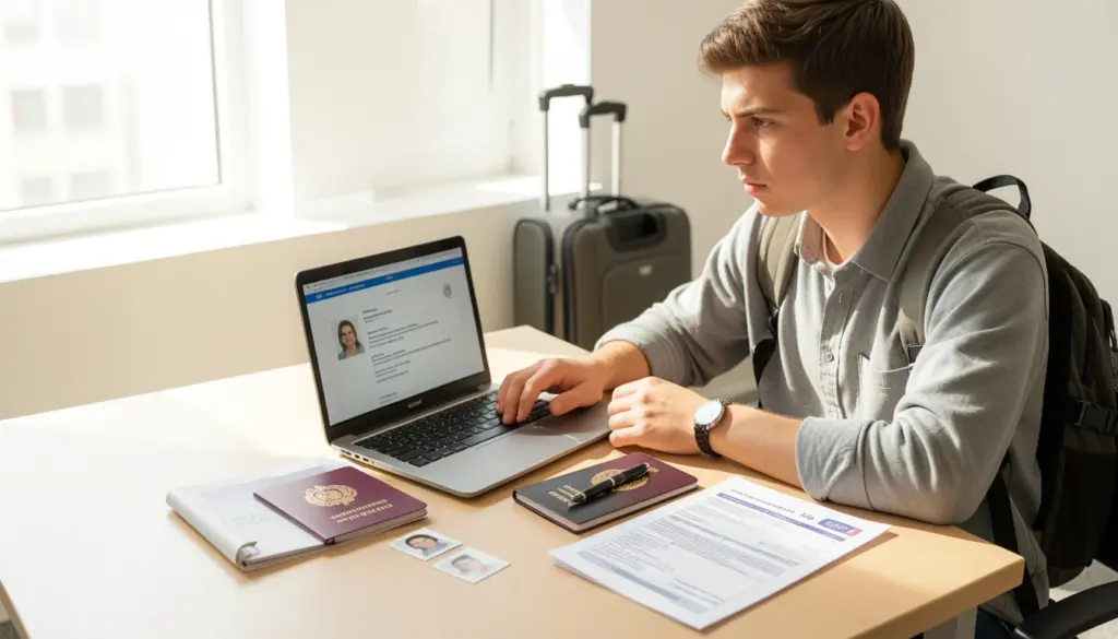 First-time traveler reviewing passport and documents while applying for a travel visa online at home