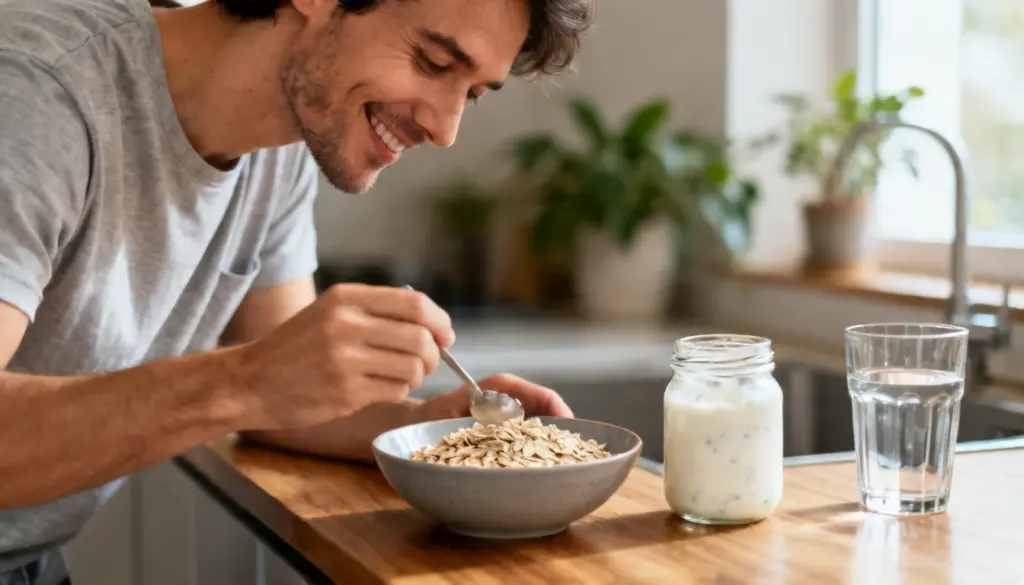 Healthy gut-friendly foods on kitchen counter including oats, fruits, vegetables, and fermented foods with person preparing a balanced meal for better digestion