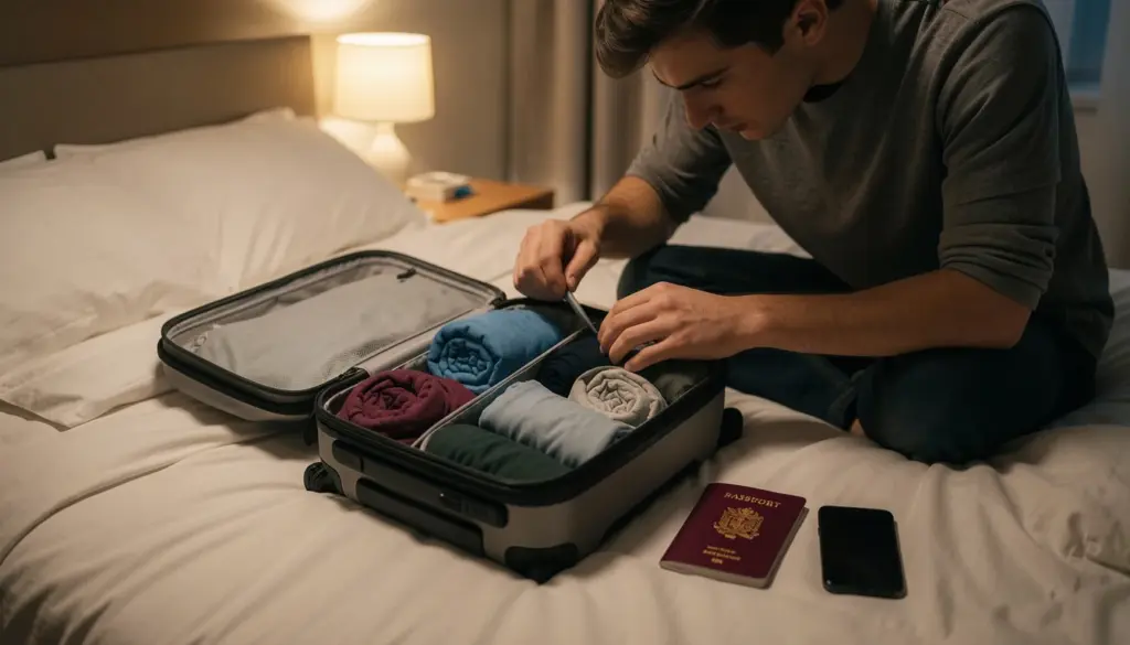 Person packing a minimalist carry-on suitcase with neatly organized clothes and travel essentials for a light travel trip