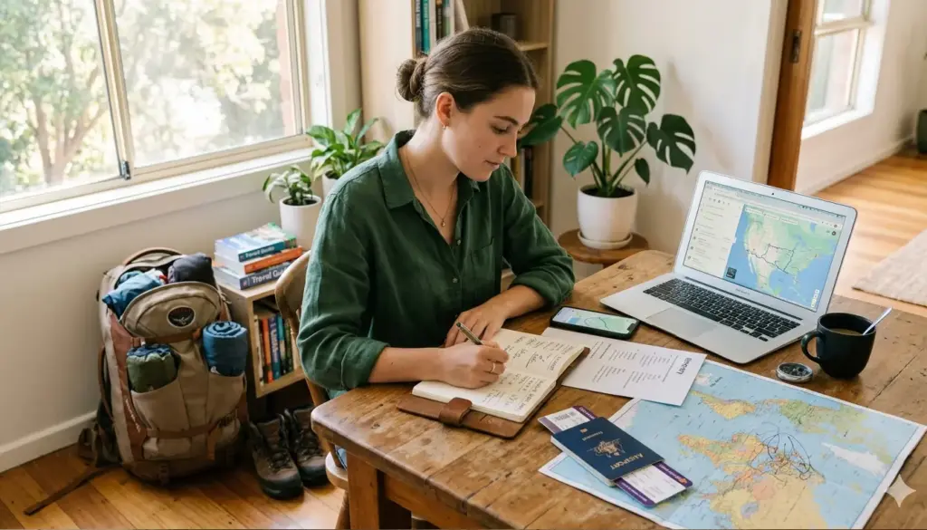 Beginner backpacker planning trip with laptop, map, passport and packed backpack on table