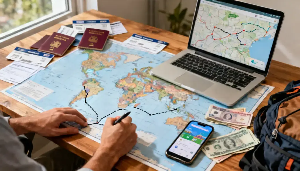 Photorealistic scene of planning a multi-country travel itinerary with world map, passports, flight tickets, and travel documents on a desk