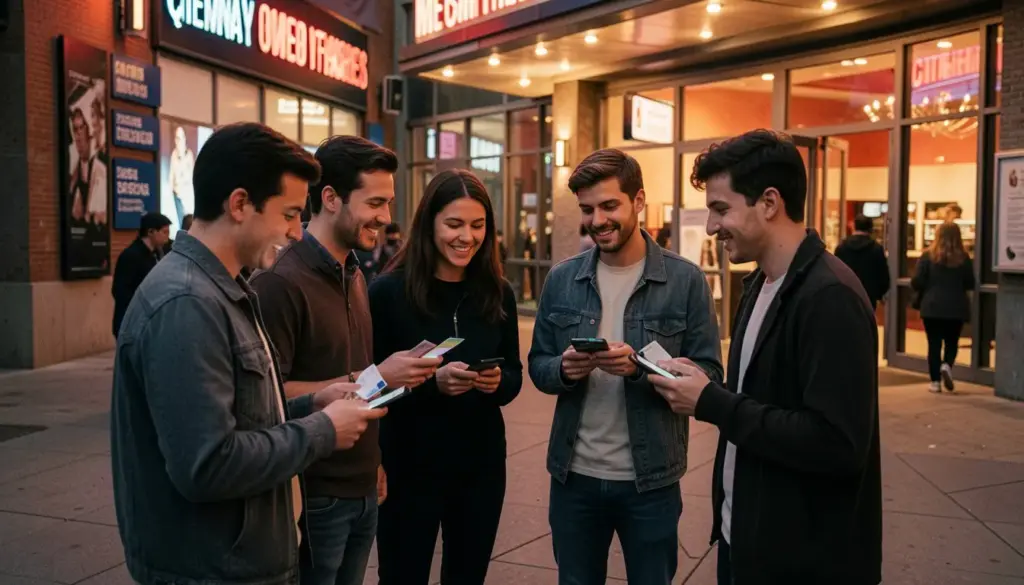 Group of friends arriving at a venue with tickets ready, enjoying a well-planned night out in the city