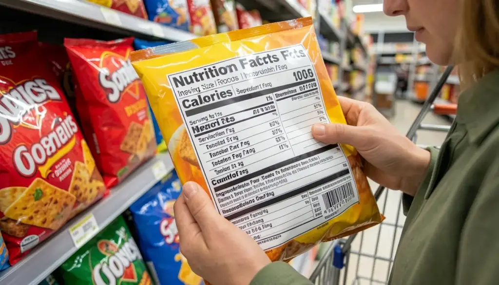 Person reading a nutrition label on packaged food in a grocery store to understand calories, ingredients, and serving size