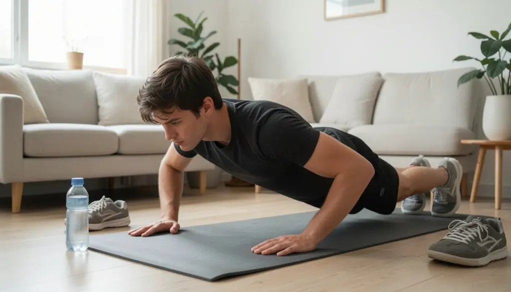 Beginner doing simple home workout routine with bodyweight exercises in a living room, demonstrating easy way to start exercising without motivation