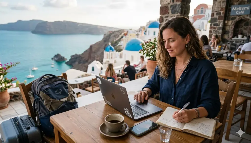 Remote worker using a laptop in a café while traveling, representing long-term travel while working lifestyle