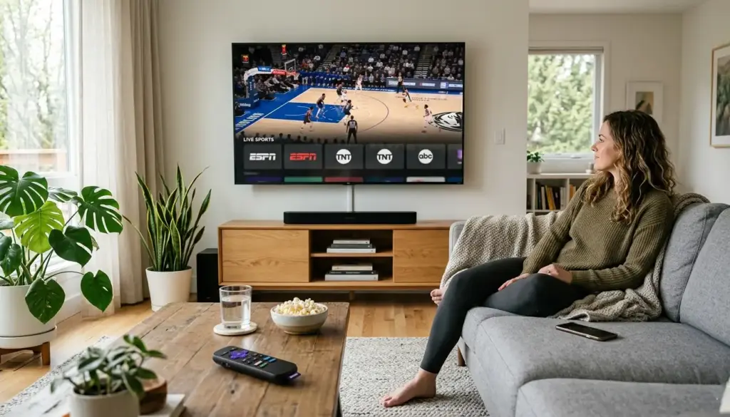 Person watching live sports on a smart TV using a streaming app in a modern living room without cable TV