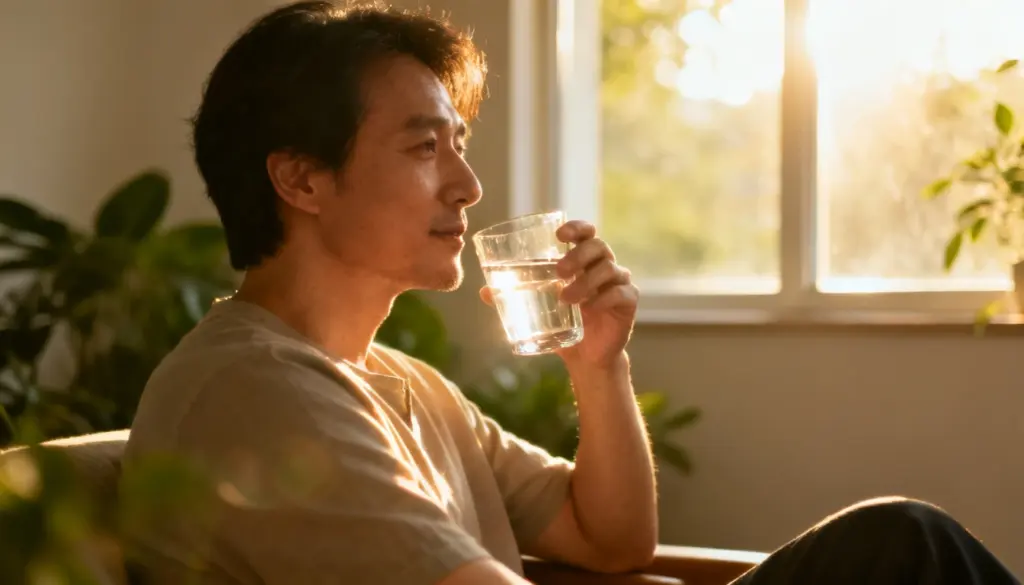 Healthy morning routine supporting immune system with nutritious breakfast, hydration, and natural sunlight in a modern home setting
