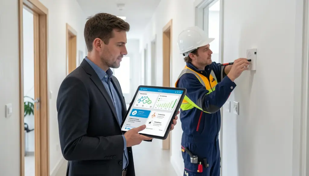 Anticimex Oy / Indoor Quality Service Oy Yritysostostrategia Explained Property manager monitoring indoor air quality and pest control systems in a modern Finnish apartment building using digital technology