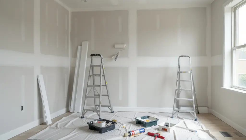 interior home finishing process showing drywall, painting walls, and trim installation in correct renovation order
