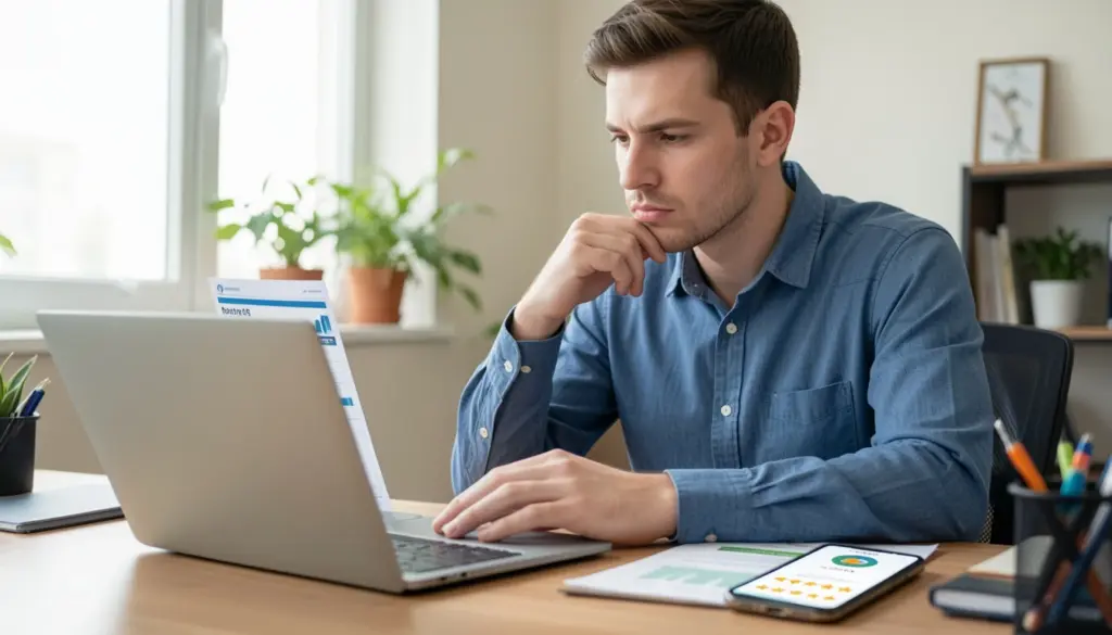 Person comparing cheap auto insurance quotes online while checking customer reviews and ratings before choosing a policy