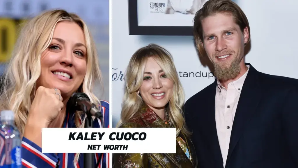 Kaley Cuoco reviewing career documents in a luxury home setting representing her net worth and financial success