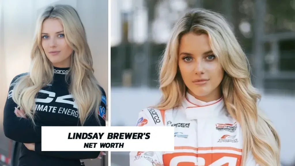 Lindsay Brewer standing beside a professional race car on a racetrack, highlighting her motorsport career and estimated net worth growth