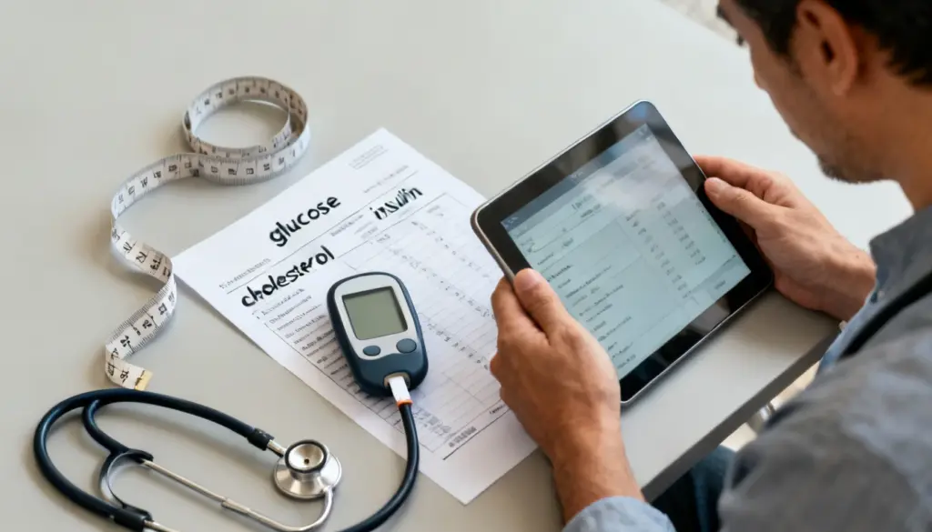 Metabolic health check with blood test results, glucose meter, and waist measurement tools on a desk
