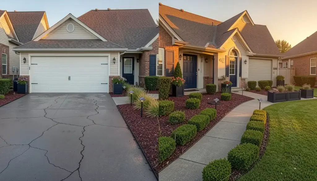 Before-and-after outdoor home improvement showing a clean driveway, painted front door, and landscaped front yard with lighting and mulch