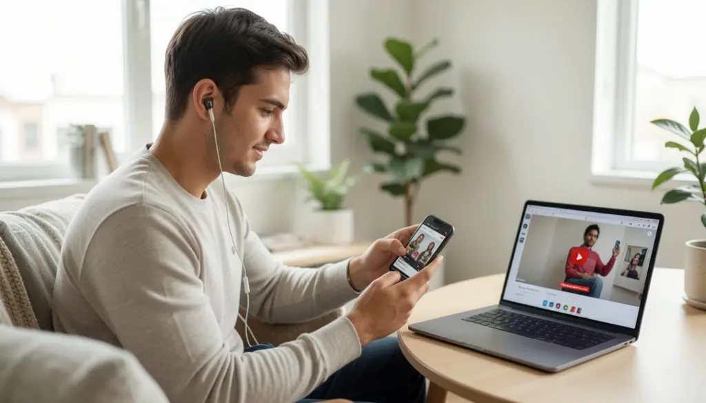 Realistic scene of person using podcasts, YouTube, and short-form video apps on phone and laptop at home, showing modern digital entertainment choices and multitasking lifestyle