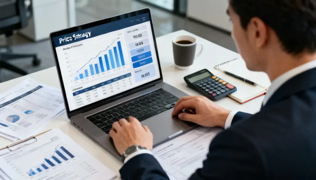 business professional analyzing pricing strategy with charts and pricing models on laptop in modern workspace