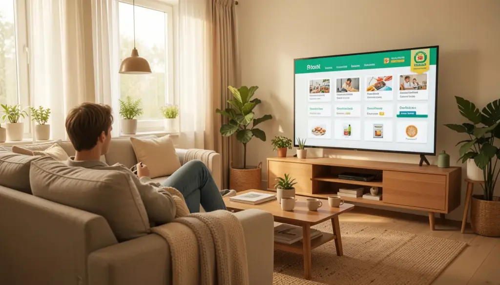 Person watching free ad-supported streaming movies on a smart TV at home without subscription