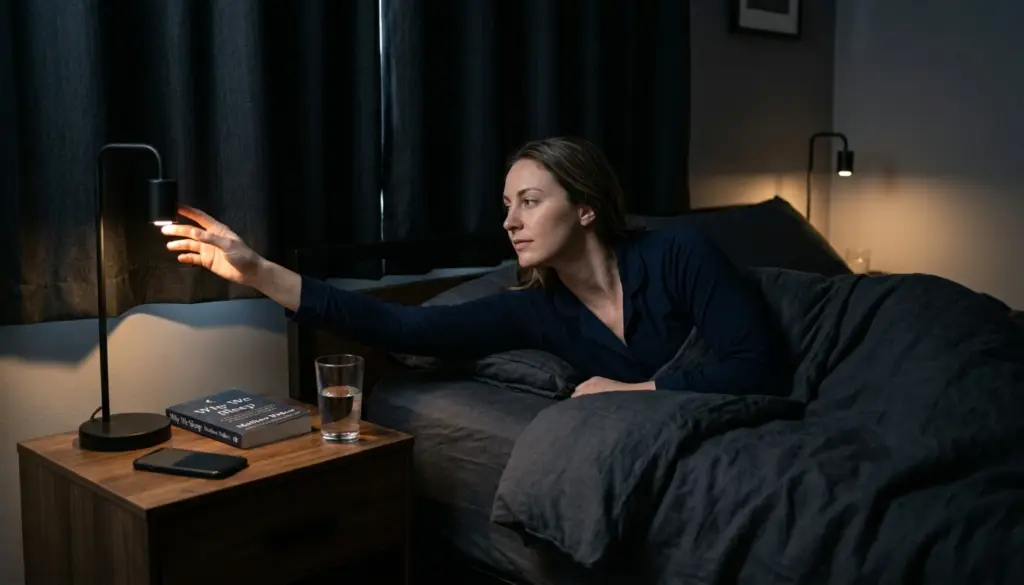 Photorealistic bedroom scene showing a person preparing for better sleep with a phone, book, and bedtime routine in a calm, dark, modern room.