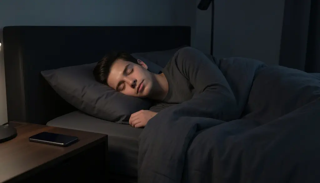 Person sleeping peacefully in a dark bedroom at night showing healthy sleep environment and circadian rhythm support