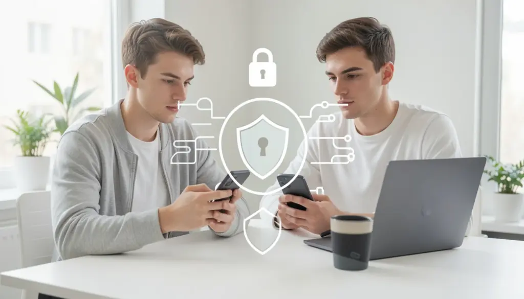 Person using smartphone and laptop with social media apps while managing online privacy and data security settings