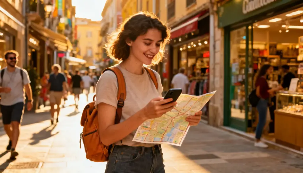 Solo female traveler confidently navigating a safe city street using a smartphone map, representing independent travel planning and safety awareness.