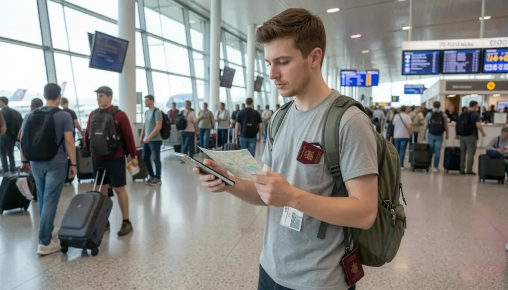 Solo traveler navigating a city safely with luggage and smartphone map, demonstrating awareness and travel safety habits