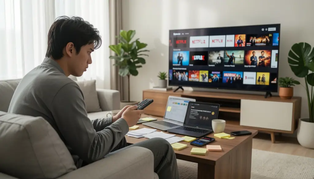 Streaming Subscription Fatigue: Cut Costs Without Missing Shows Person overwhelmed by multiple streaming subscriptions on smart TV while managing monthly bills at home