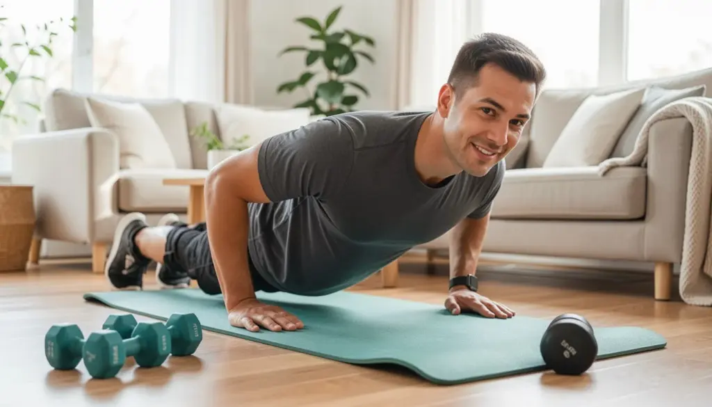 Beginner doing strength training workout at home with bodyweight exercises and dumbbells in a simple living room setting