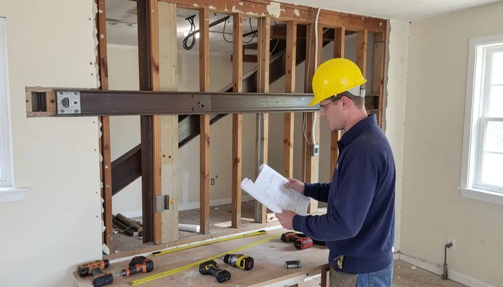 Structural home improvement with steel beam installation after load-bearing wall removal inside a house renovation project