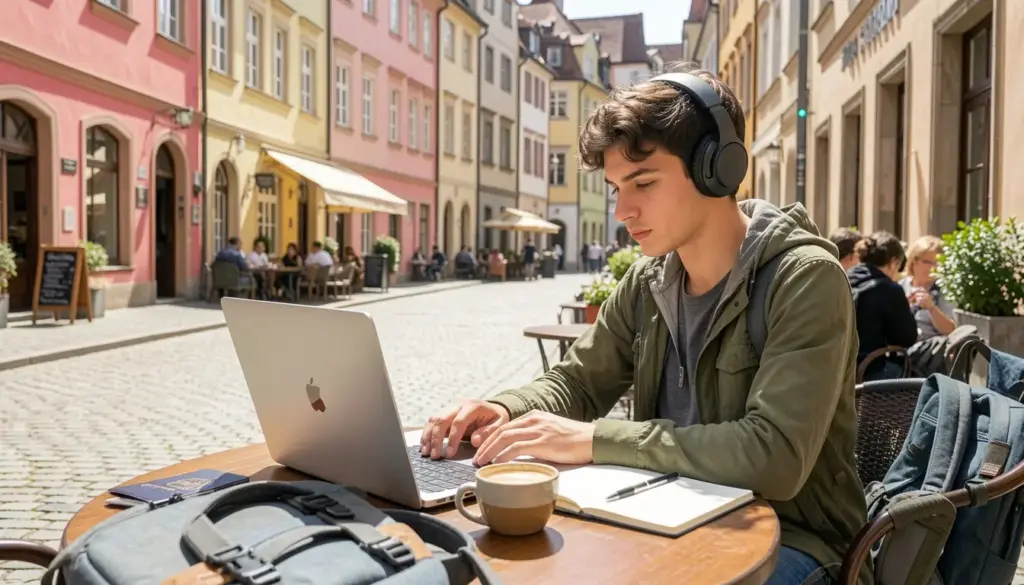 Digital nomad working remotely on a laptop at an outdoor café in a European city, enjoying travel and location independence.