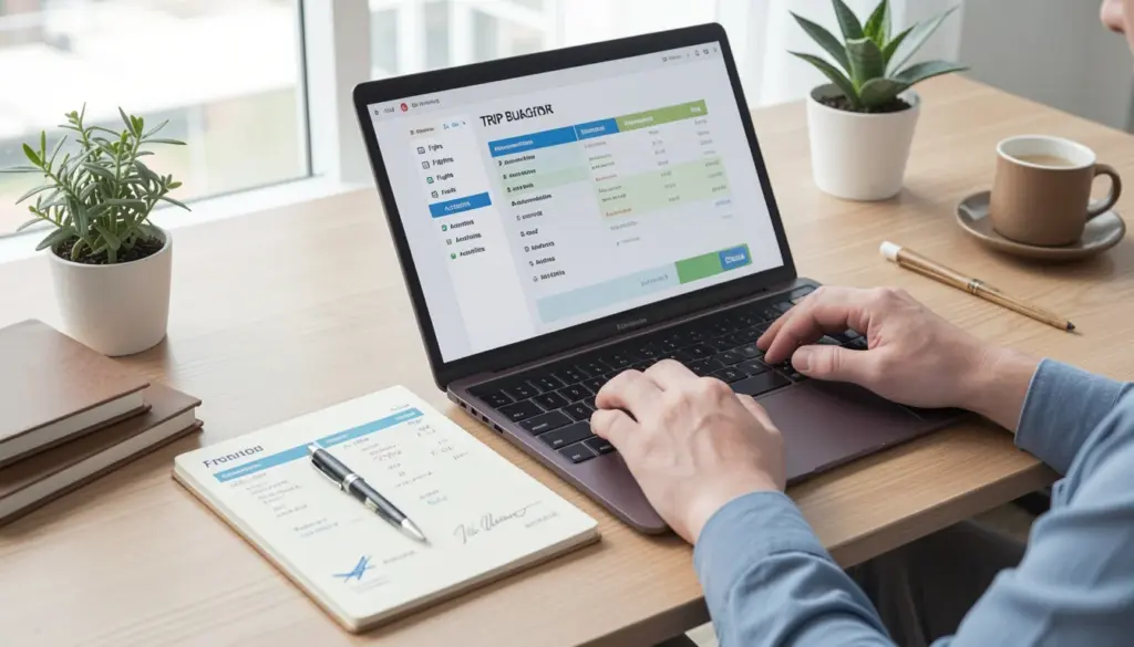 Traveler creating a detailed travel budget plan with laptop, calculator, and expenses list on desk
