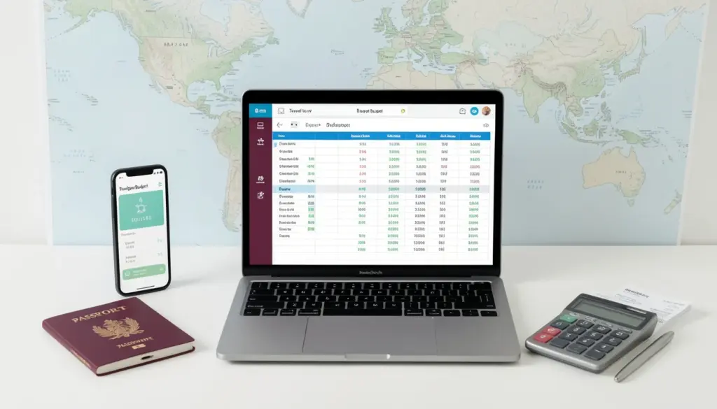 How to Build a Travel Budget Planning That Actually Works (With Free Template) Travel budgeting setup with laptop, calculator, passport, and receipts on a desk showing trip planning and expense management before travel.