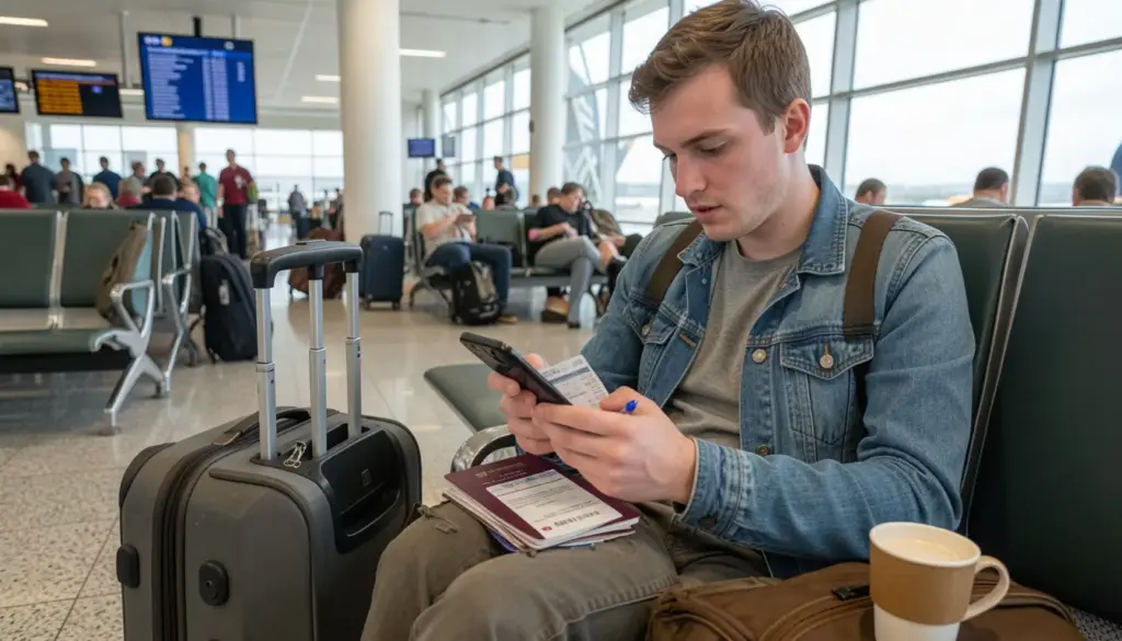 Traveler reviewing travel insurance details on smartphone at airport before flight departure