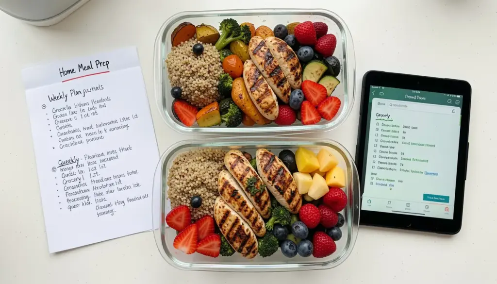 Weekly meal prep with glass containers of grilled chicken, vegetables, and quinoa next to a handwritten meal plan and grocery list, illustrating healthy meal planning for beginners.
