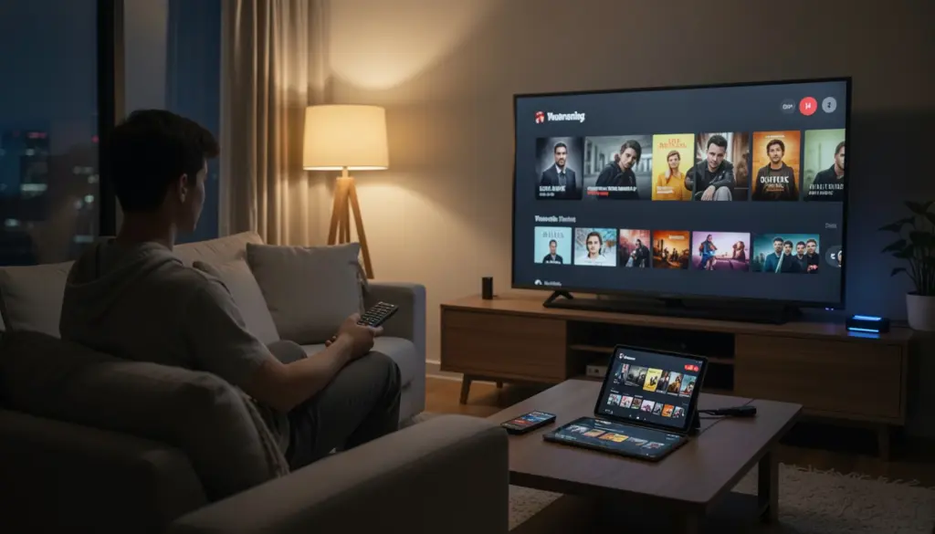 Person watching movies on a smart TV streaming platform with personalized recommendations in a modern living room