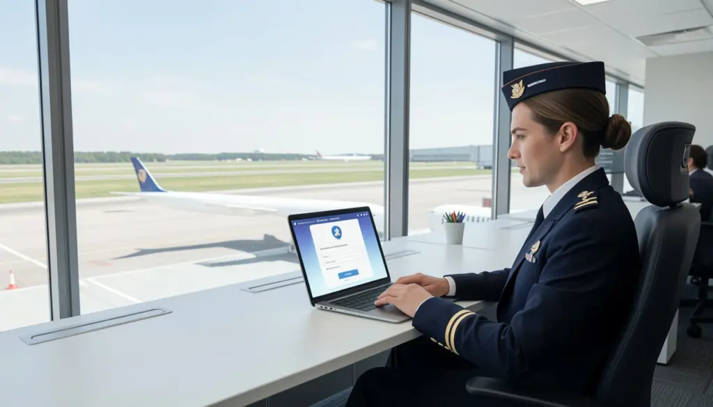 What Is MyEnvoyAir? Login, Features, and Employee Access airline employee accessing MyEnvoyAir portal on laptop to check schedule and payroll information
