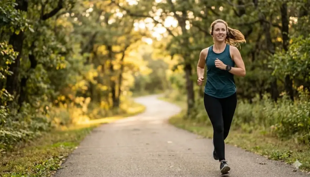 Zone 2 cardio workout at a conversational pace with person tracking heart rate during low intensity endurance training outdoors