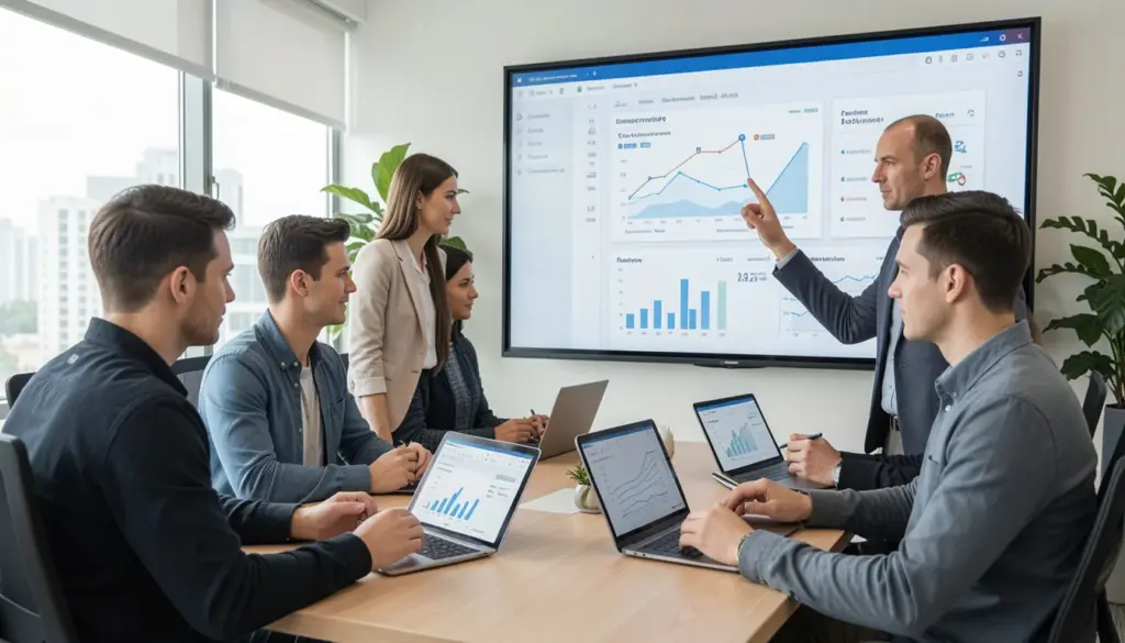 Business Software Systems: A Complete Guide Business team collaborating in a modern office with laptops and tablets displaying CRM, ERP, and productivity software dashboards, illustrating workflow automation and operational efficiency.